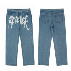Trendy brand Revenge pure white embroidered jeans straight leg pants washed and worn pants workwear classic black pants men (4)