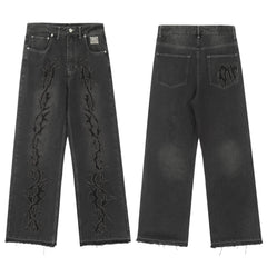 Trendy brand Revenge pure white embroidered jeans straight leg pants washed and worn pants workwear classic black pants men (1)