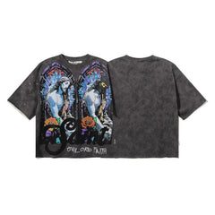 BKYS niche American high street trendy hip-hop hot stamping print casual loose cotton looped fabric thick short sleeved T-shirt (9)