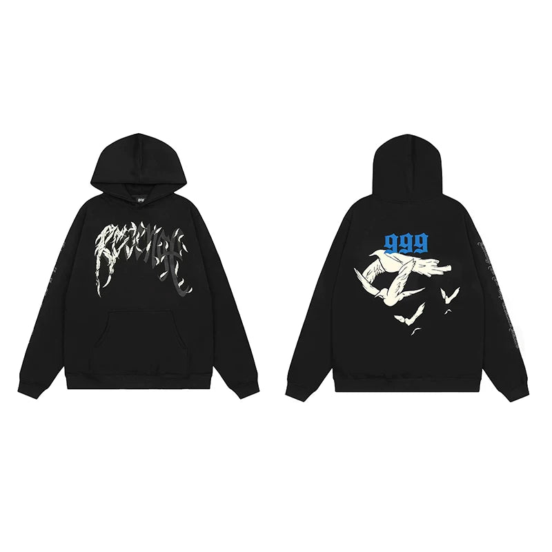 Revenge Dragon Bone Smoke Hoodie Skull Black and White Embroidered Hoodie American Skull Hoodie (69)