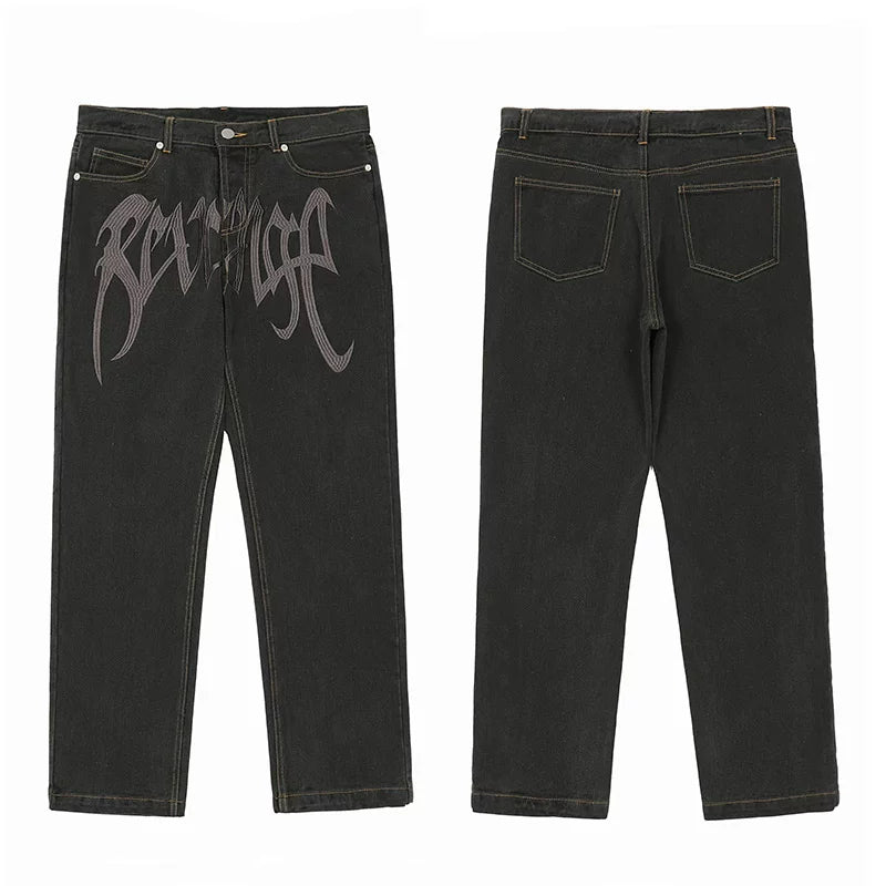 Trendy brand Revenge pure white embroidered jeans straight leg pants washed and worn pants workwear classic black pants men (3)