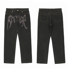 Trendy brand Revenge pure white embroidered jeans straight leg pants washed and worn pants workwear classic black pants men (3)