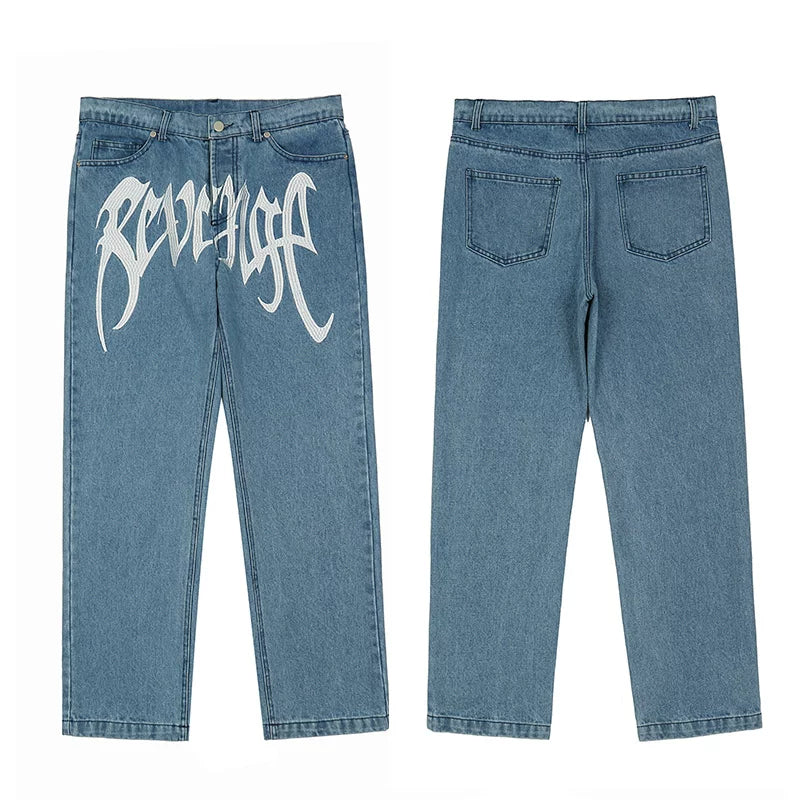 Trendy brand Revenge pure white embroidered jeans straight leg pants washed and worn pants workwear classic black pants men (4)