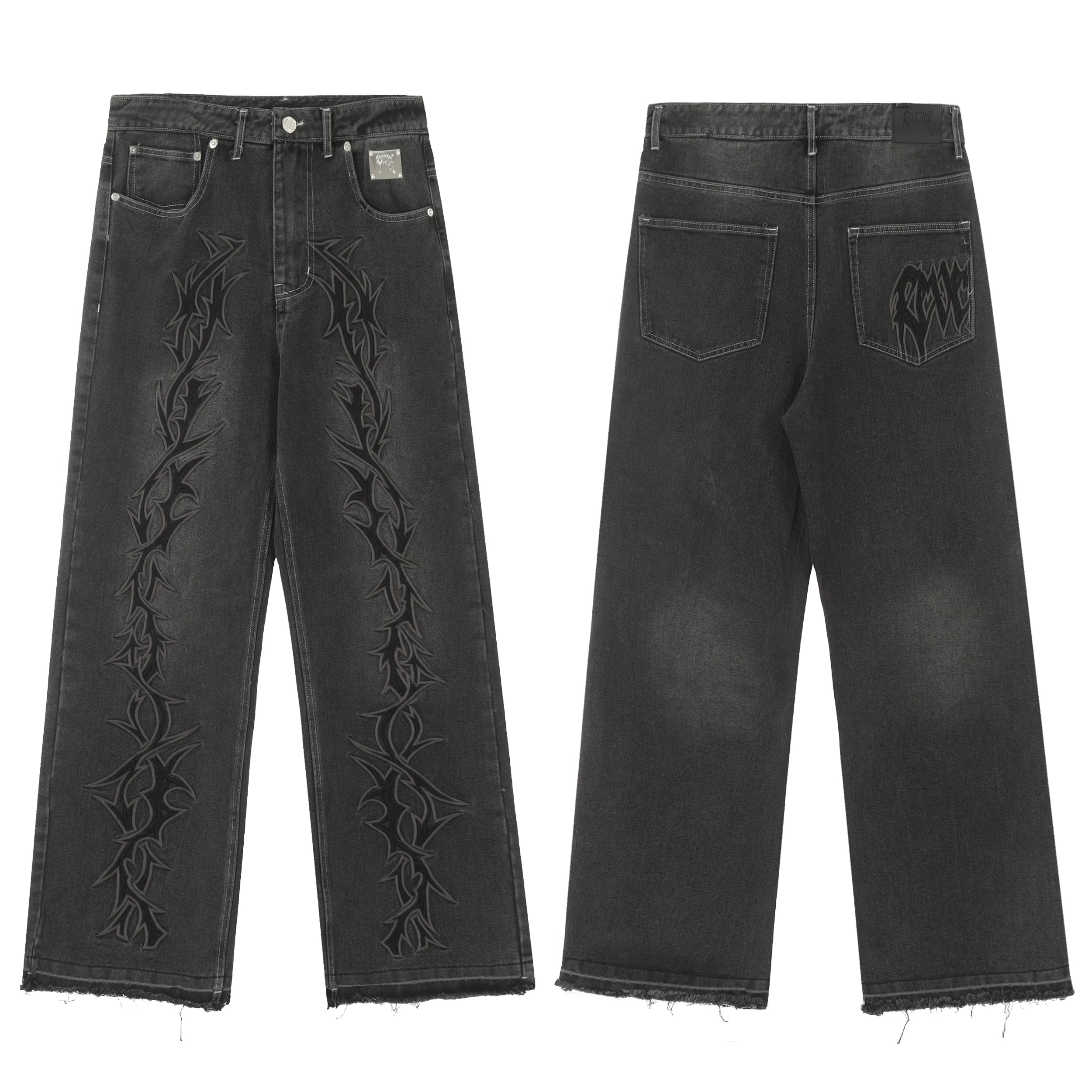 Trendy brand Revenge pure white embroidered jeans straight leg pants washed and worn pants workwear classic black pants men (1)