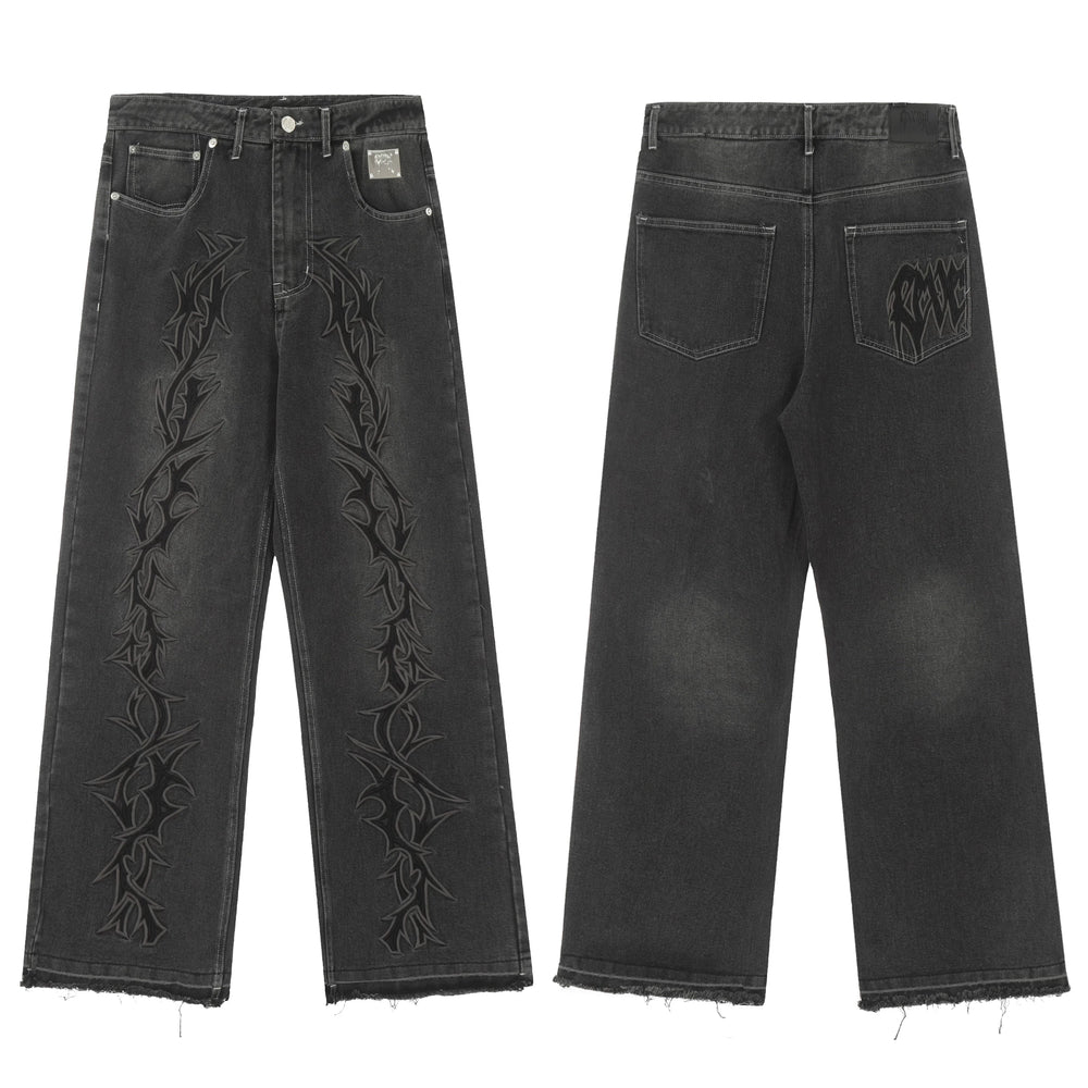 Trendy brand Revenge pure white embroidered jeans straight leg pants washed and worn pants workwear classic black pants men (1)