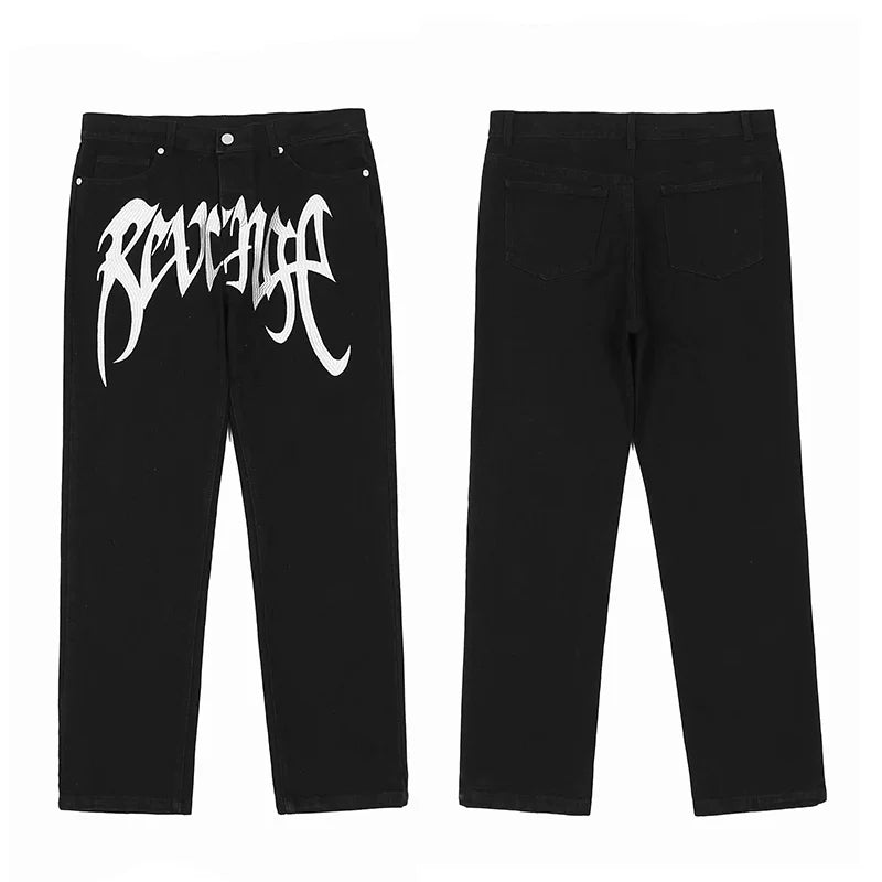 Trendy brand Revenge pure white embroidered jeans straight leg pants washed and worn pants workwear classic black pants men (2)