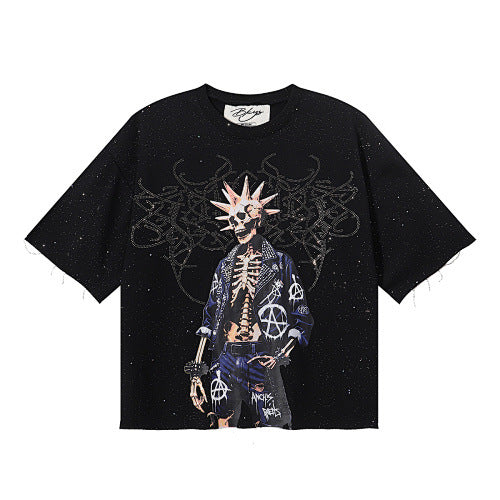 BKYS Punk Skeleton Anarchy Graphic Cropped Short Sleeve Tee